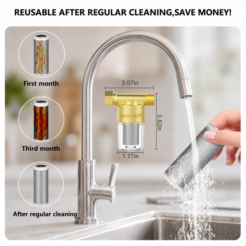 YH01 Reusable Washing Machine Water Filter, 40 Micron Brass Sediment Filter, for Washer, Heater, Garden, Protecting Appliances, Reduces Clothes Yellowing, Anti Scale Shower Filter