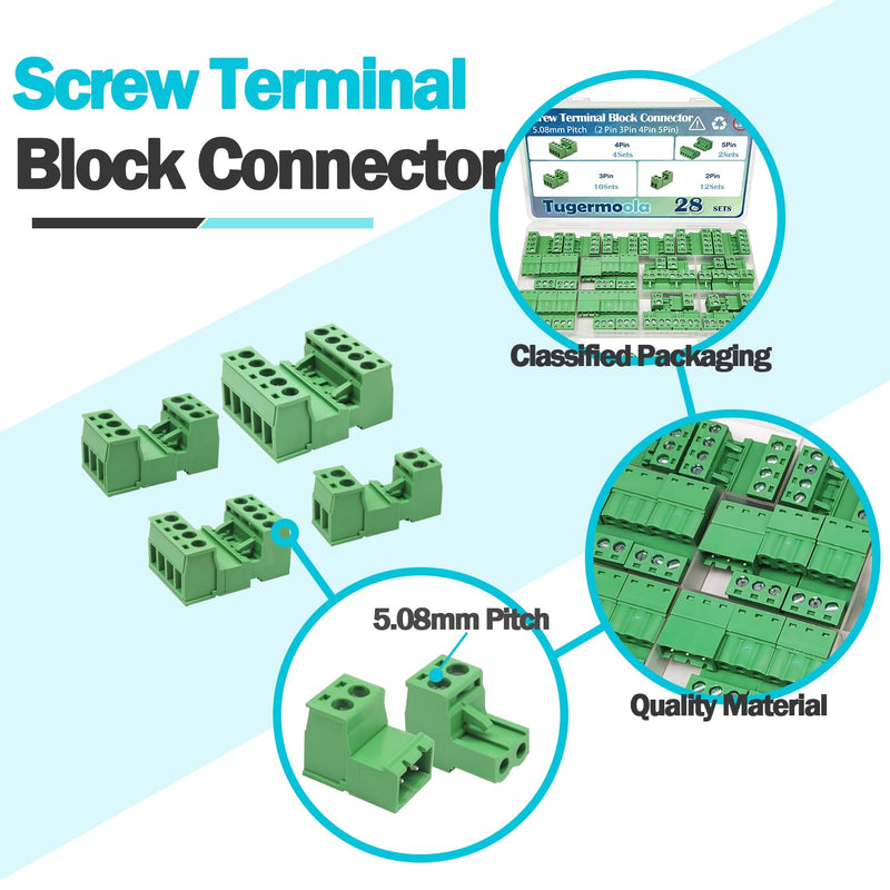 28 Sets Screw Terminal Block Connector Assortment Kit 5.08mm Pitch PCB 2Pin 3Pin 4Pin 5Pin Connectors for 24-12AWG Cable OLA007 28sets 2/3/4/5pin kit