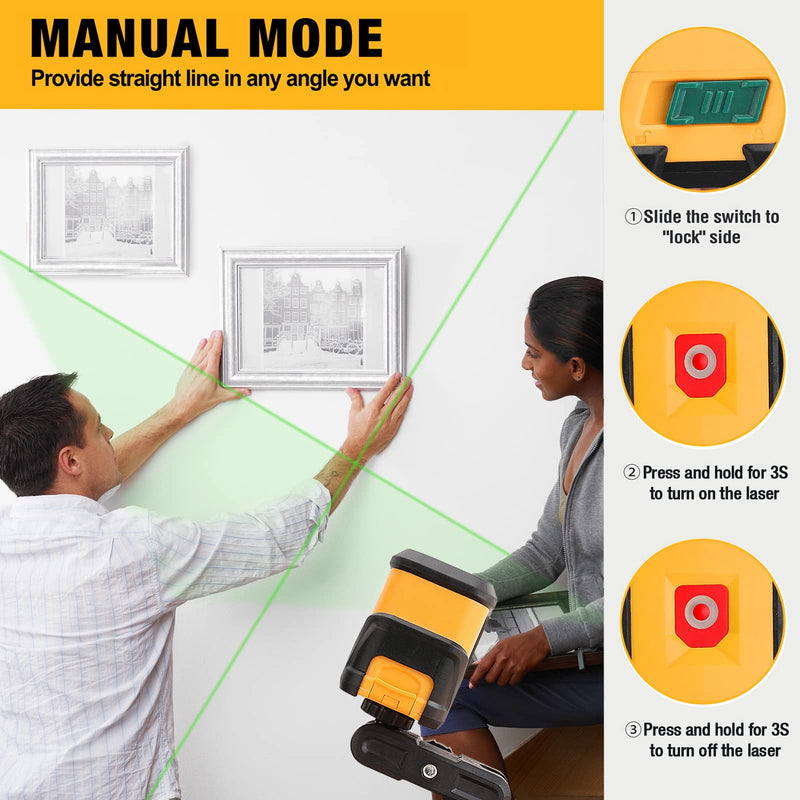 PREXISO Laser Level, 65Ft Self Leveling Cross Line Laser Level, Green Line leveler Tool for Hanging Picture, Floor Tile, Home Renovation with LED Indicator & 2 AA Batteries (360°Clamp) 360°Clamp