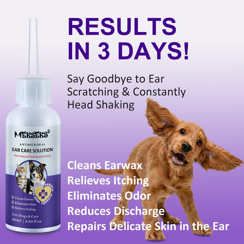 Dog Ear Cleansing Solution Ear Infection Treatment Drops for Dogs Cats Ear Cleaner Wash, Relieves Itchy Ears Redness, Removes Earwax Debris Odor, Gentle Natural 2.03 fl oz