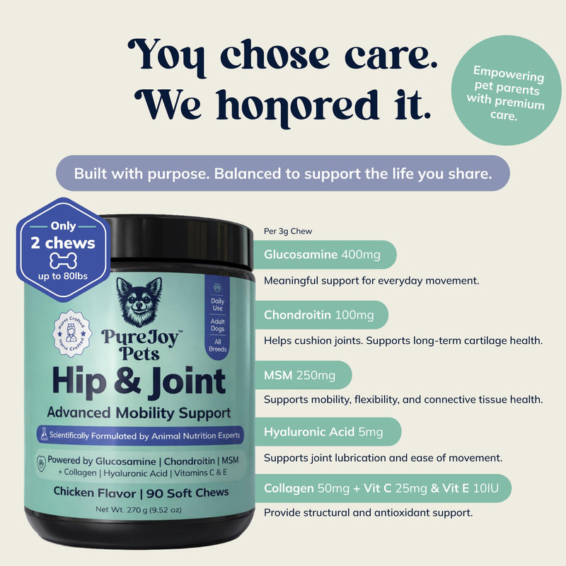 Advanced Hip & Joint Chews for Dogs - Glucosamine, Chondroitin, MSM & Collagen - Joint Support & Daily Mobility for Senior, Adult, Large & Small Dogs - 90 Soft Chews, Chicken Flavor.