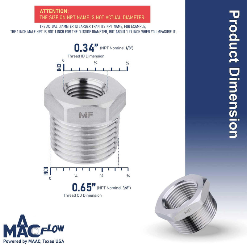 MAACFLOW Stainless Steel 3/8" Male NPT to 1/8" Female NPT Adapter Reducer Hex Bushing (Thread OD 0.65" - ID 0.34") (Pack of 1) 3/8" MNPT x 1/8" FNPT Pack of 1