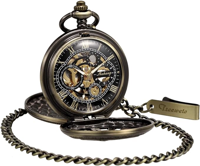 TREEWETO Skeleton Manual Winding Mechanical Double Case Roman Numerals Antique with Fob Chain Box Bronze - NewNest Australia