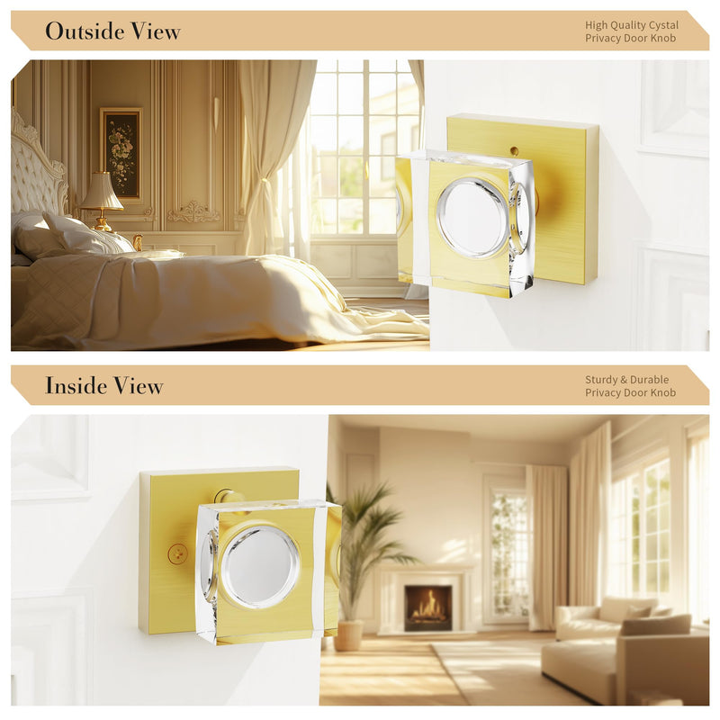 Brushed Gold Door Knob Privacy Crystal Glass Interior Lock, Satin Brass Modern Square Bedroom Bathroom Lockable Door Handle 1 Pack Privacy