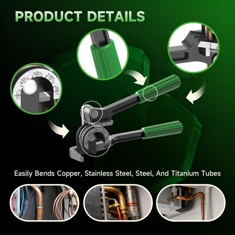 WIPCOOL 3-in-1 Compact Tube Bender, 0–180° Copper Tubing Bender for 1/4", 5/16", 3/8" O.D., Manual HVAC Bender Tool for Air Conditioning & Refrigeration Tight Spaces Compact Small Tubing (1/4"–3/8")