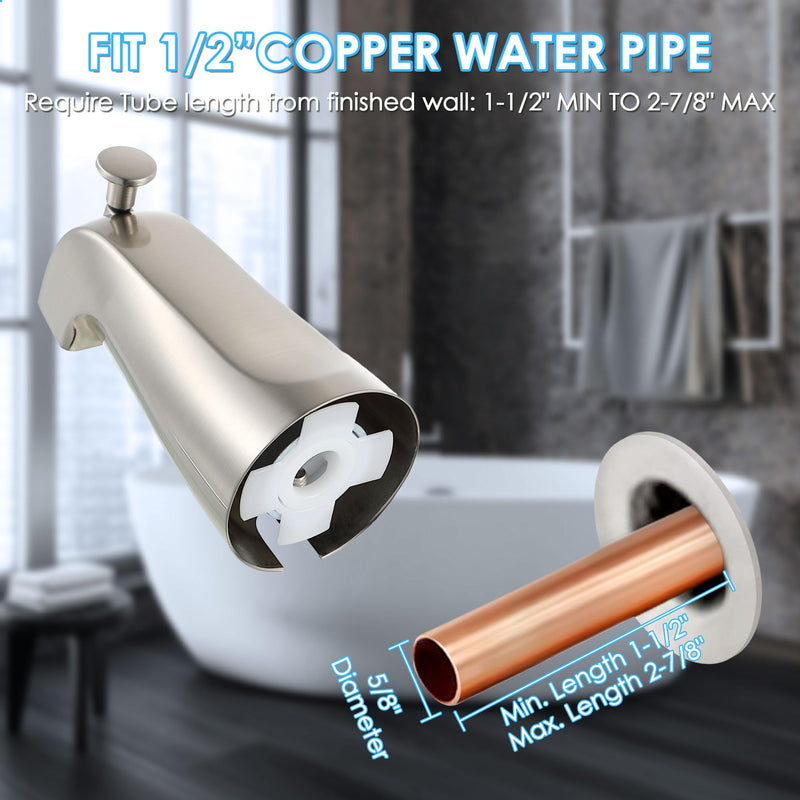 Enhon Tub Spout with Diverter, Slip-Fit Bathtub Faucet Spout Replacement, 1/2 Copper Pipe Connection, Easy to Install, Universal for Bathroom Shower(Brushed Nickel Color,1 Pack) Brushed Nickel Color