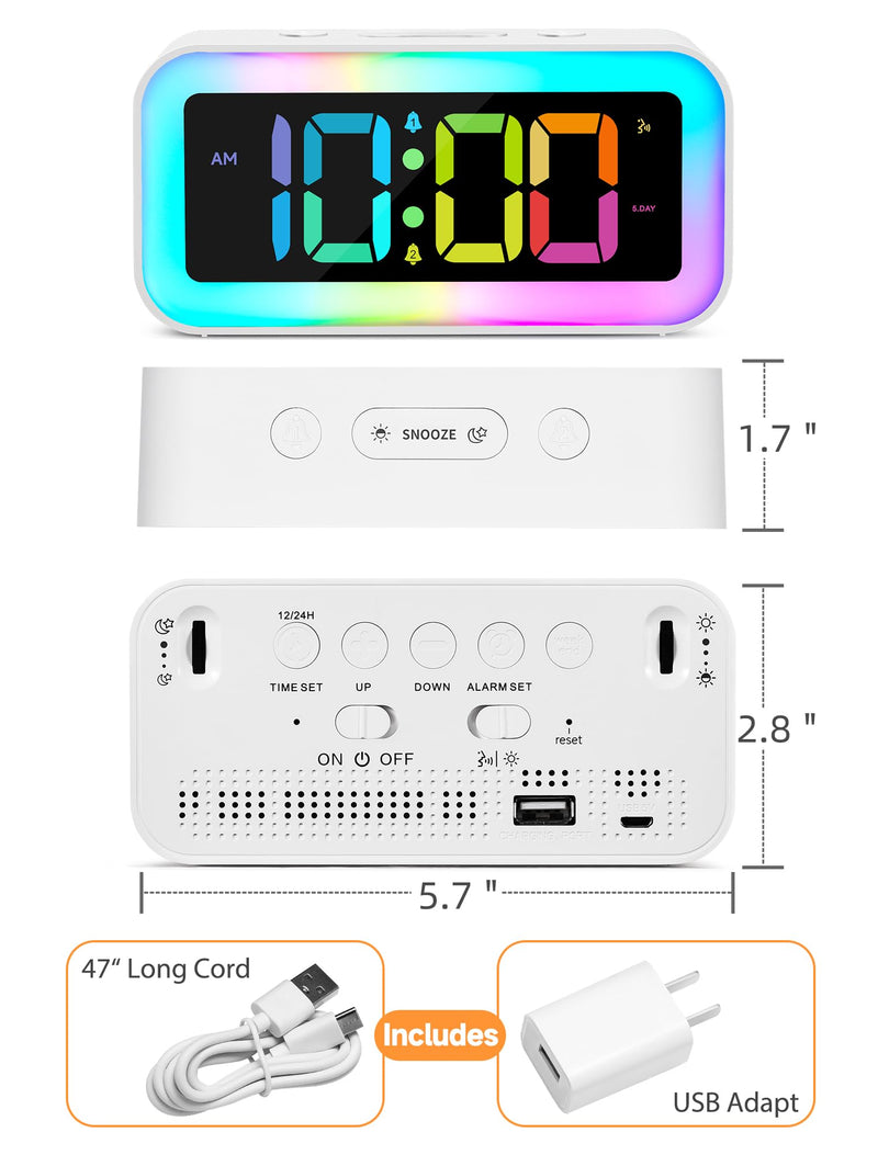 Cadmos Loud Alarm Clock for Bedrooms with Dynamic RGB Night Light,Heavy Sleepers Adults,Dual Alarm,Dimmer,USB Charger,Small Bedside Digital Clock with Led Display for Kids,Teens,Seniors (White) White