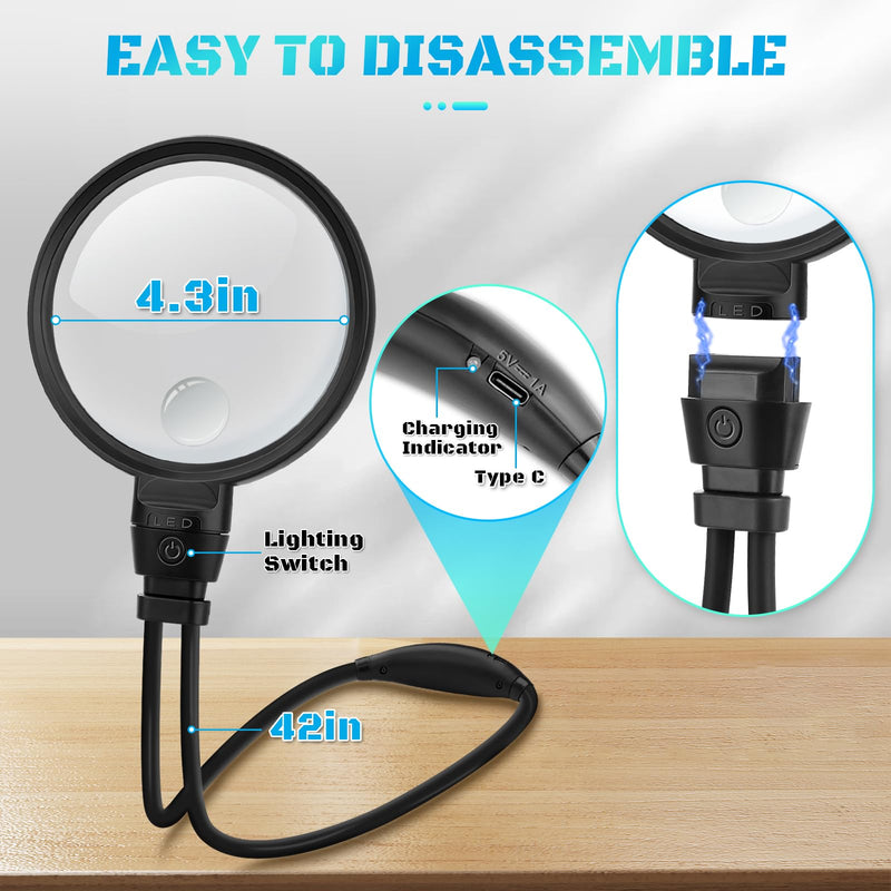 10X 30X Large Magnifying Glass with Light, Hands Free Magnifying Glass for Reading, 3 Color LED Lights Flexible Gooseneck Magnifier for Close Work Reading Sewing, 4.3in 4.3 in