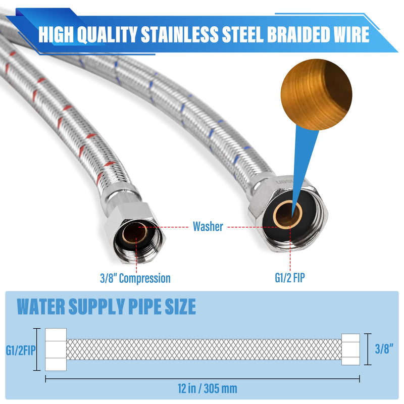 10 Pcs Faucet Hose Connectors, 3/8" Comp x 1/2" FIP Premium Braided Stainless Steel Water Supply Lines for Bathroom, Toilet and Kitchen Faucets (12 Inch) 12 Inch