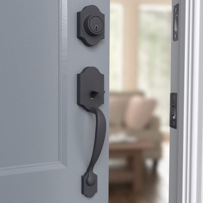 Amazon Basics Front Door Lock Set, Handleset with Tulip Knob, Level Door Handle, Exterior, Single Cylinder,Matte Black, 1-Pack Matte Black 1 Pack