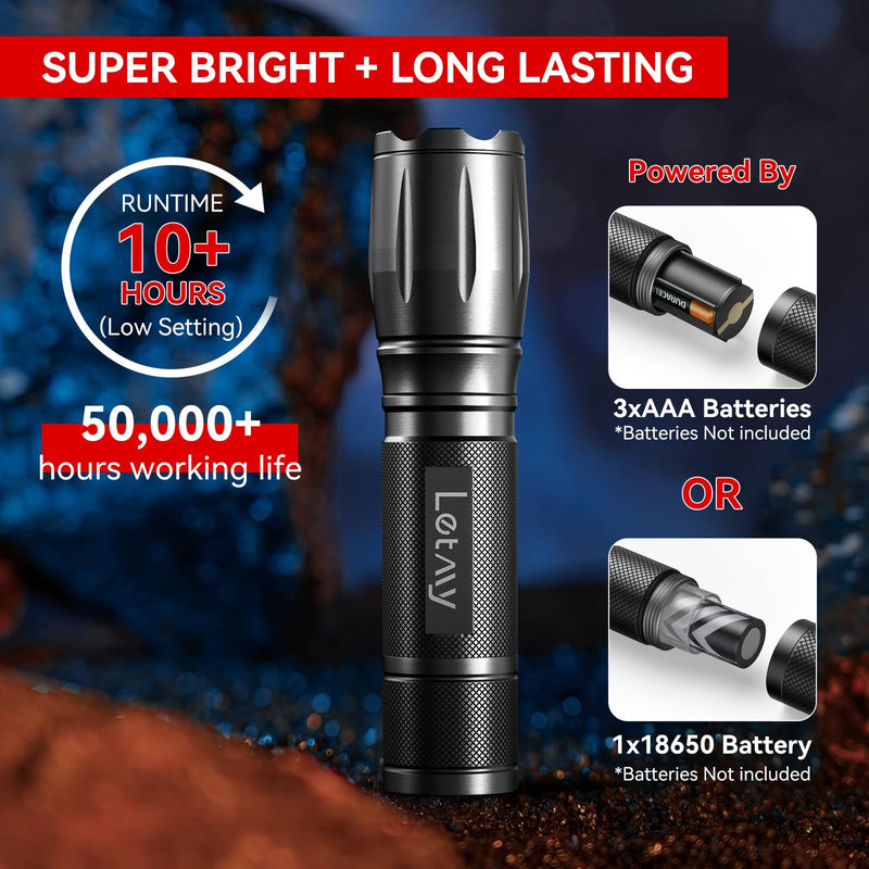 LETMY Tactical Flashlight S2000-2 Pack Bright Military Grade LED Flashlights High Lumens - Portable Handheld Flash Light, 5 Modes Zoomable Waterproof Flashlights for Home Emergency Camping Outdoor Black 2 PACK