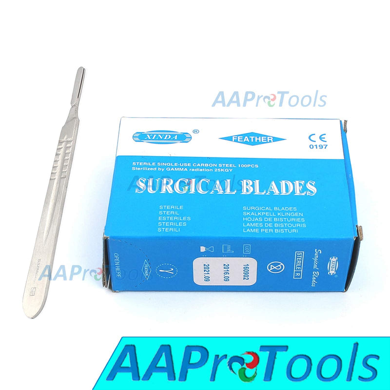 100 Scalpel Blades #24 Sterile Carbon Steel + 1 Scalpel Handle #4