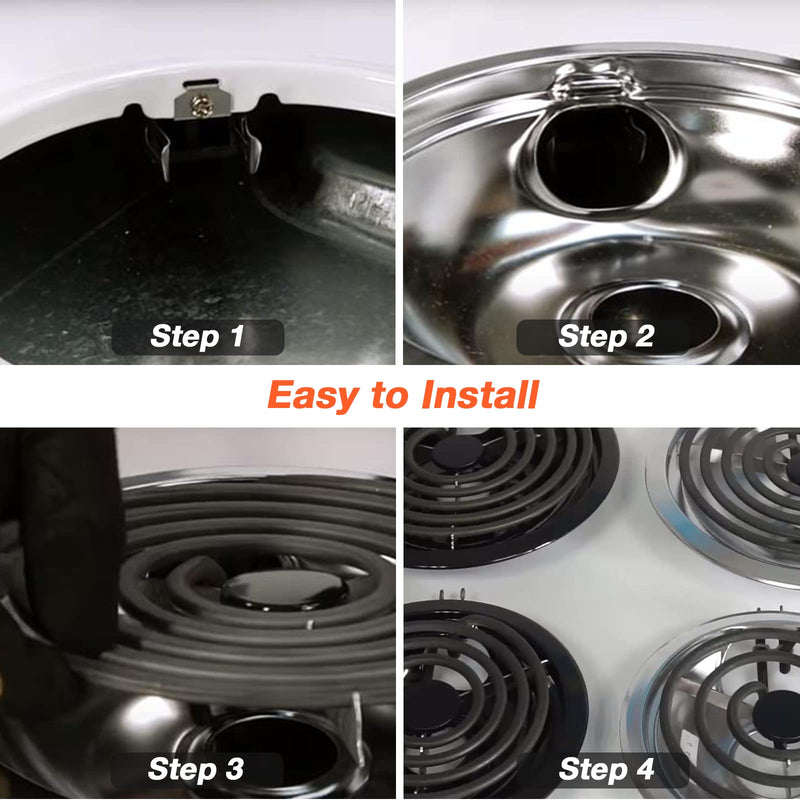 316048413 316048414 Electric Stove Burner Drip Pans by Blutoget - Fit for Frigidaire Ken-more Electric Range Top with Locking Slots- Includes 2 6-Inch and 2 8-Inch Pans,Silver(Chrome Plated Steel)