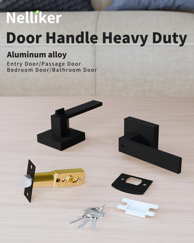 Exterior Door Handle with Lock and Key, Matte Black Enter Door Handle, Pick Resistant, Heavy Lock and Key for Front Entrance and Bedrooms