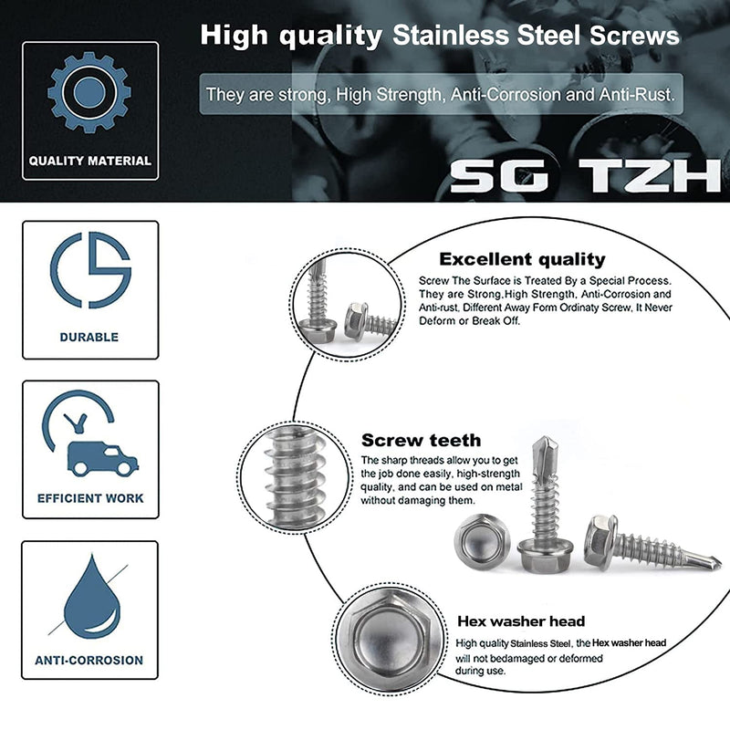 #10 x 1" Sheet Metal Screws 100PCS 410 Stainless Steel Hex Washer Head Fast Self Tapping Screws by SG TZH #10 x 1"
