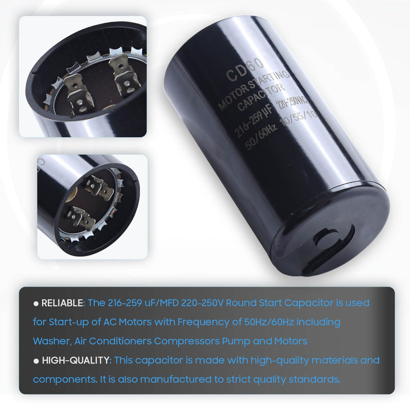 Seentech 216-259 uf/MFD 220-250 VAC ±20% CD60 Round Motor Start Capacitor 50/60 Hz AC Electric Motor Universal Fit for AC Motor Run or Fan Start and Cool or Heat Pump Air Conditioner