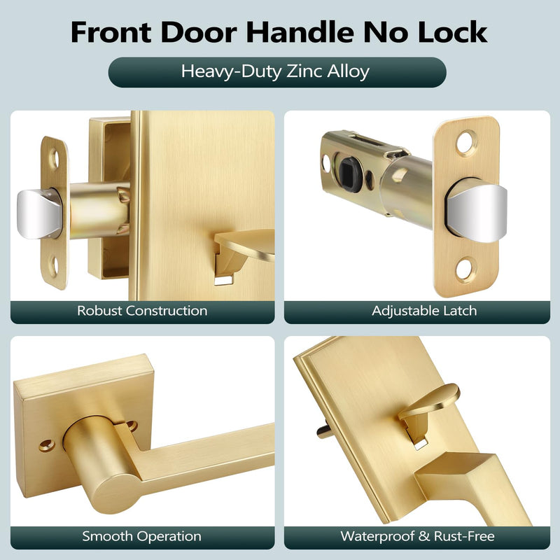 EHOMEWARE Gold Front Door Handle, Exterior Door Handle No Lock, Heavy Duty Entry Door Handleset, Reversible Door Lever for Left/Right Handed Doors, Satin Brass Finish