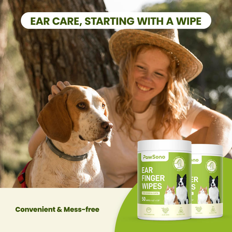 PawSono Ear Finger Wipes Eye Wipes for Dogs & Cats, Thicker Dog Ear Cleaner Wipes, Natural Relief Cat Ear Cleaner Dog, Pet Health Supplies for Dog Kitten Small Animal, Aloe Scent Deodorizing - 100 P 100 Count