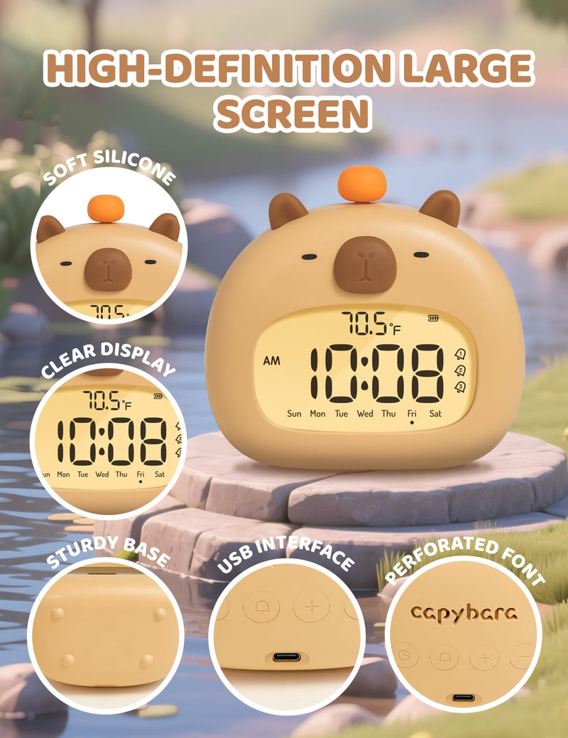 Capybara Kids Alarm Clock with Night Light, Digital Alarm Clock for Bedrooms, USB Rechargeable, 3 Alarms, Snooze, Cute Kawaii Clock for Desk & Back to School Gifts for Boys Girls Capybara