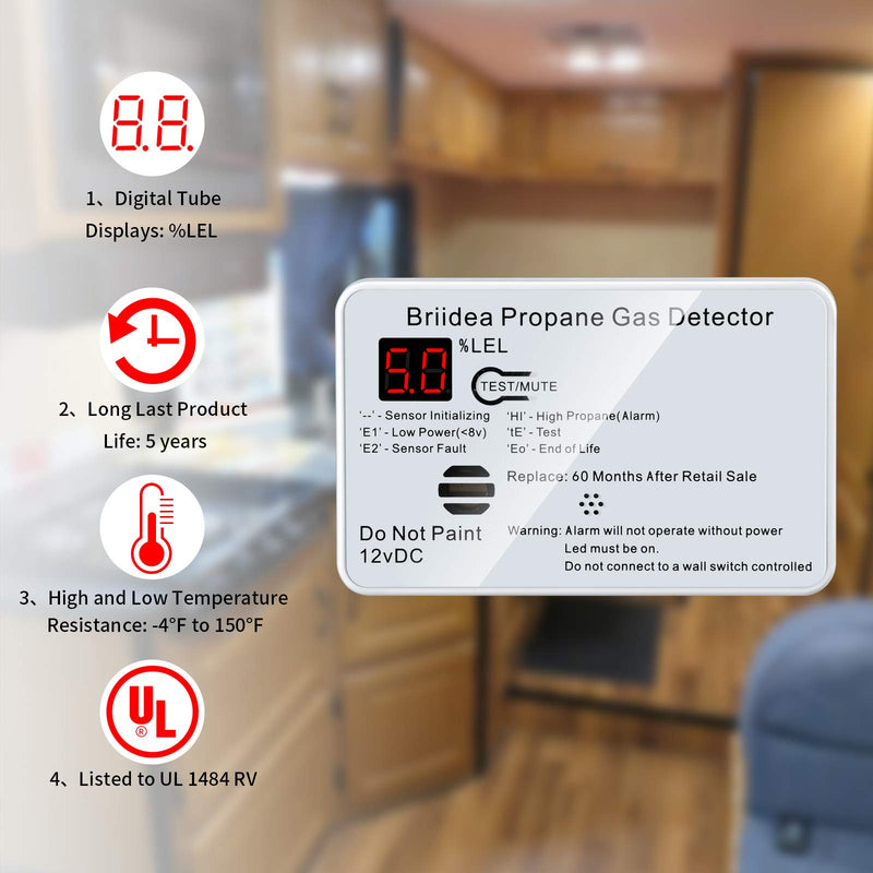 RV Propane Alarm, Briidea RV Propane Gas Detector with 85dB Loud Alarm, 12 VDC, White