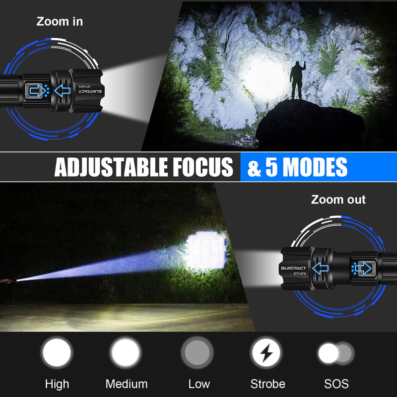 Flashlights High Lumens, Rechargeable Flashlight Led 990000 Lumen XHP70.2, Super Bright Flash Light, High Powered Handheld Flashlights for Emergency Camping Gift, IP67 Waterproof, Adjustable Black