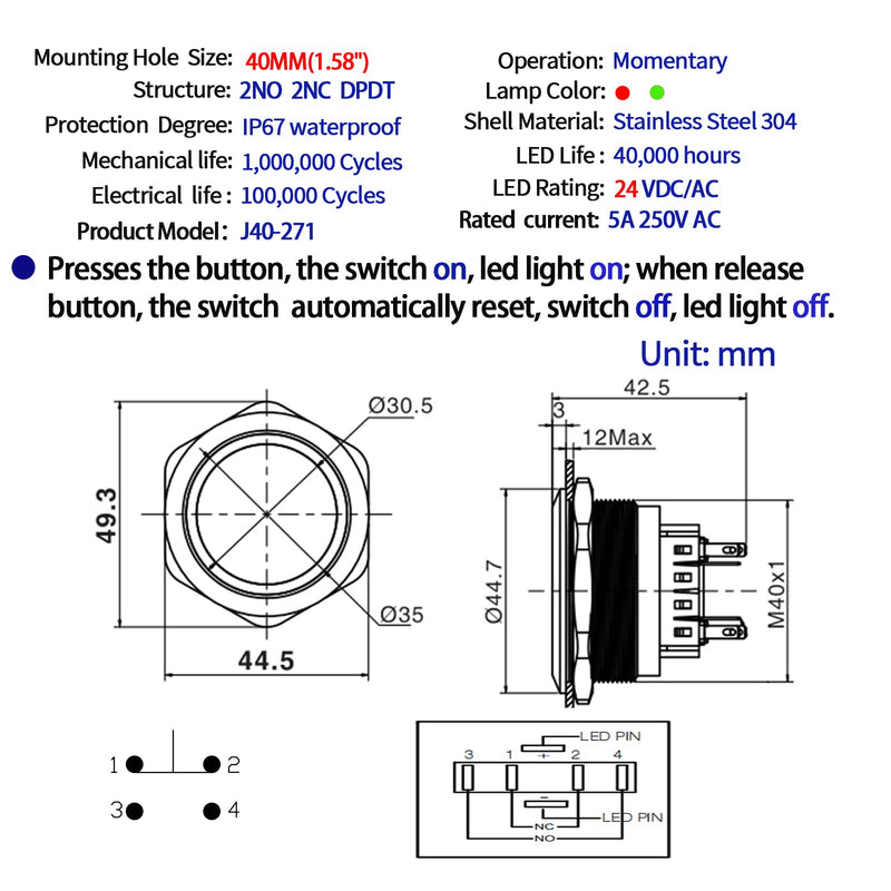 40mm 1.57" Momentary Big Push Button Switch 2 Color Light Red and Green 12VDC/AC Stainless Steel 316 Waterproof IP67 DPDT with Wire (Volts, 12) 12.0 Volts