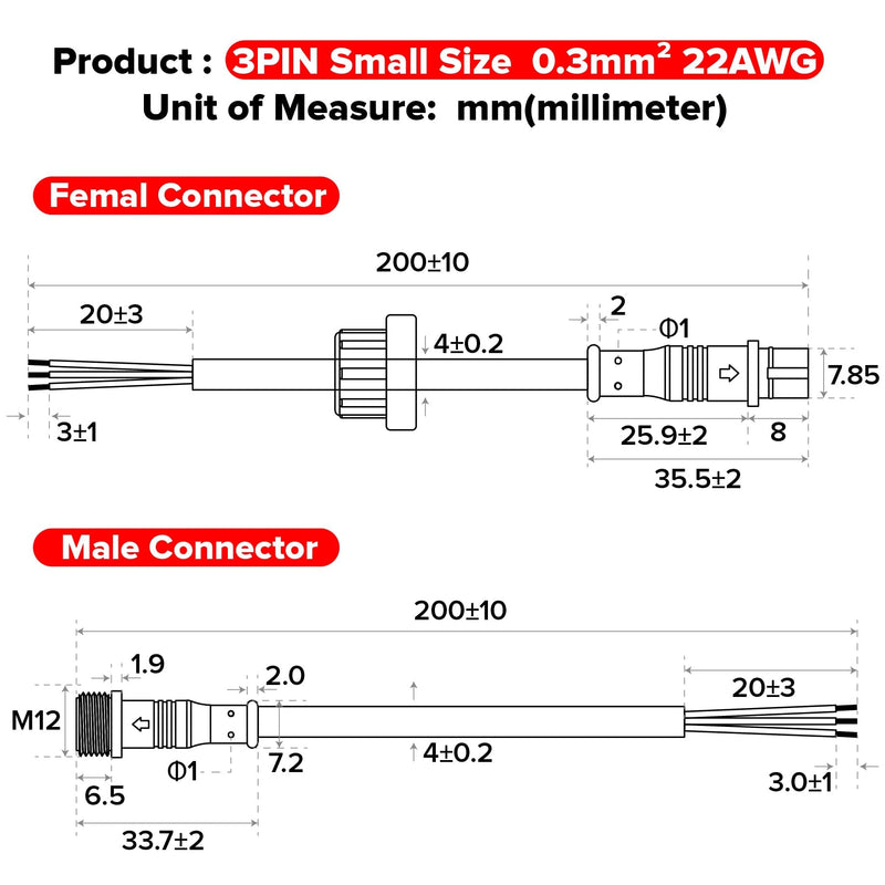 BTF-LIGHTING 3 Pin Electrical Connector 22AWG IP65 Male Female Connector 7.87in/20cm Extension Cable for Car,Truck,Boat,Indoor/Outdoor LED Strip Lights/String 15mm Nut Small Size 5 Pairs 1 to 1 3 PIN Small Size