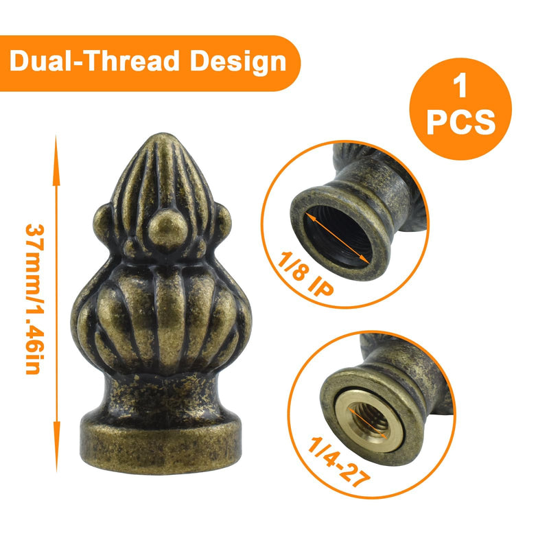 Antique Brass Lamp Finial Cap Knob Retro Lamp Finial Decoration with Dual-Thread Screw for Lamp Shade, Fit Both 3/8" and 1/4-27, 1 Pack