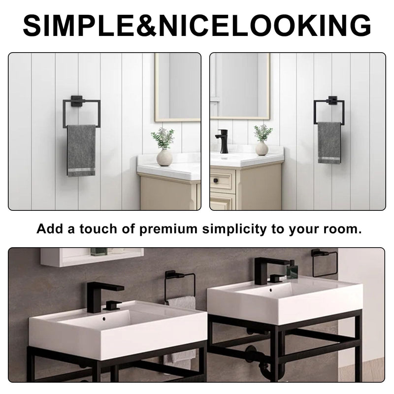 Matte Black Towel Ring, 2 Pcs | Premium Stainless Steel, Sleek Square Design, Durable Wall-Mounted, Contemporary Bathroom