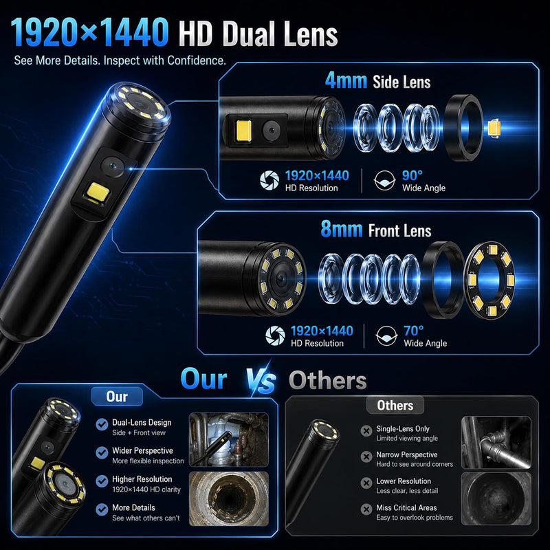 Endoscope Camera with Light 1920P HD Borescope Inspection Camera for Android & iPhone, Semi-Rigid Snake Cable with 8 LEDs, Waterproof for Sewer Pipe Automotive Inspection (Dual Lens 10m/32.8FT) 10m / 32.8FT Dual lens