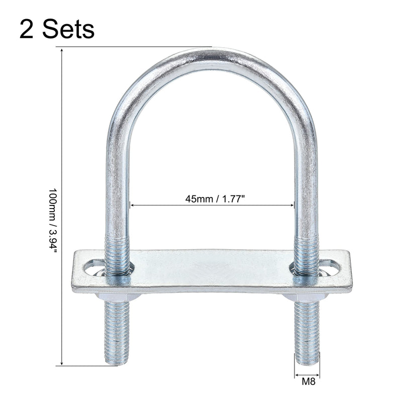uxcell Round U-Bolts 2 Sets 1.77"(45mm) Inner Width 100mm Length Steel M8 with Nut, Plate M8x45mmx100mm