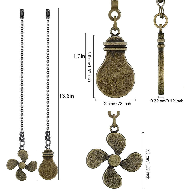 2Pack Metal Fan Light Pull Chains,3mm Diameter Beaded Decorative Ceiling Fan Pull Chain Pendant Extension,12in Fan and Bulb Shape Ornaments Cord Extender for Ceiling Fan Lamp,Bronze Bronze
