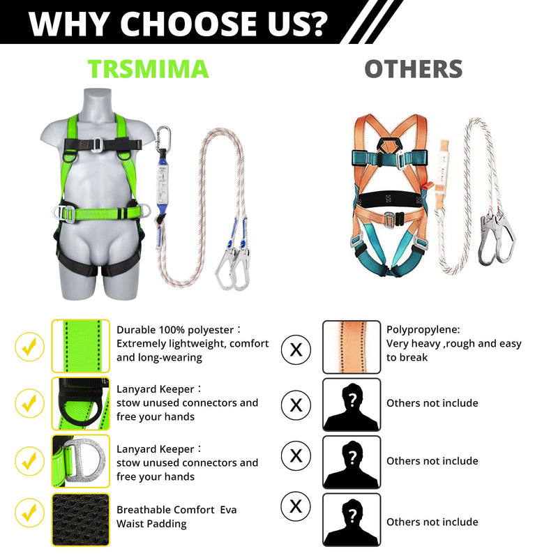 Safety Harness Fall Protection Kit - Full Body Roofing harnesses with Shock Absorbing Lanyard Updated Waist Paded Green