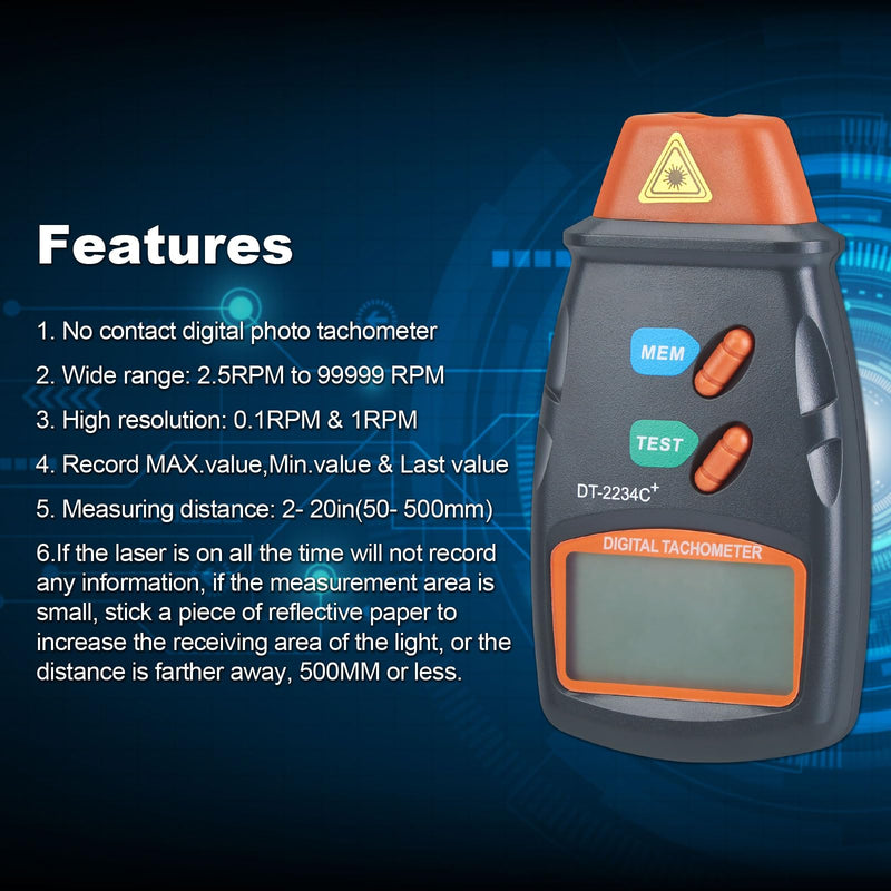 Digital Laser Photo Tachometer Non Contact RPM Tach, Noncontact Laser Photo Sensor with 2.5RPM to 99999 RPM