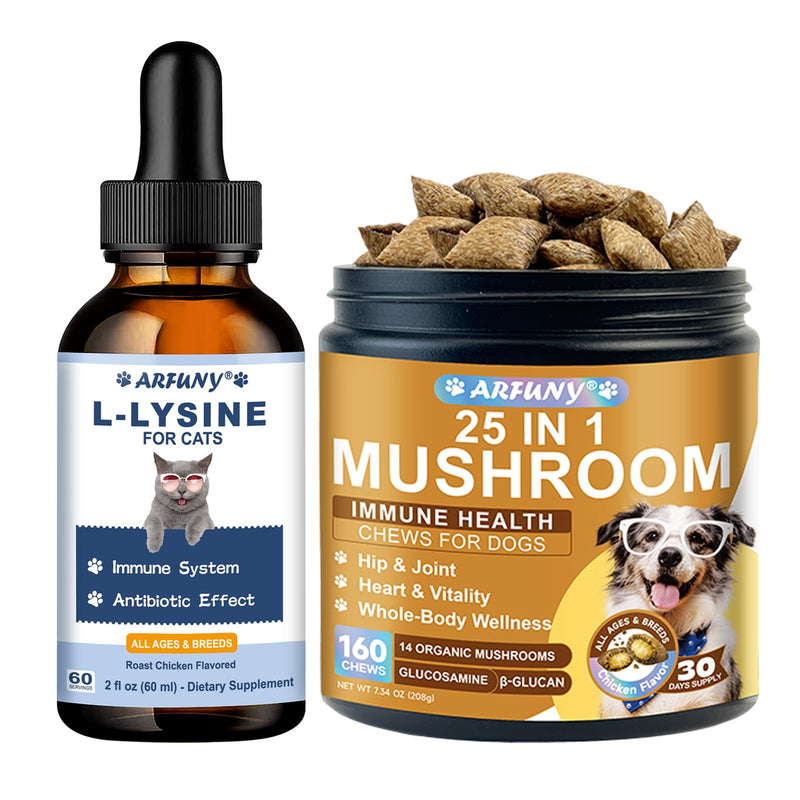 Cat L-Lysine Drops & Dog Mushroom Chews - for Cat Feline Respiratory, Sneezing, Runny Nose, Eye Function - for Dog Gut, Hip, Joint, Skin, Coat, Immune Health