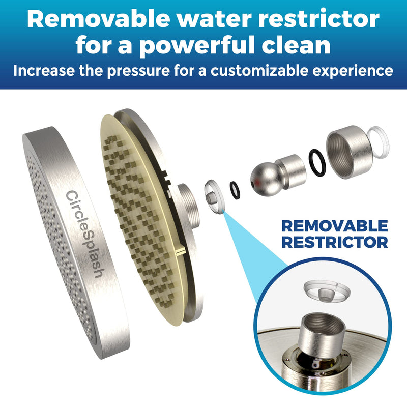 High Pressure Shower Head - Anti-Clogging Silicone Nozzles - 2.5 GPM Removable Restrictor - Easy to Clean Adjustable Replacement - easy to install with Plumbers Tape - 6 inch - Brushed Nickel Finish 2.5GPM