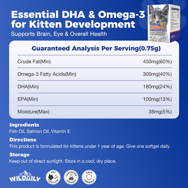 High DHA Omega 3 Fish Oil for Cats(60 Ct), Wild Salmon Oil, Brain, Vision & Immune Support, Easy-to-Twist-Off Softgel, Salmon Flavor for Healthy Skin & Coat