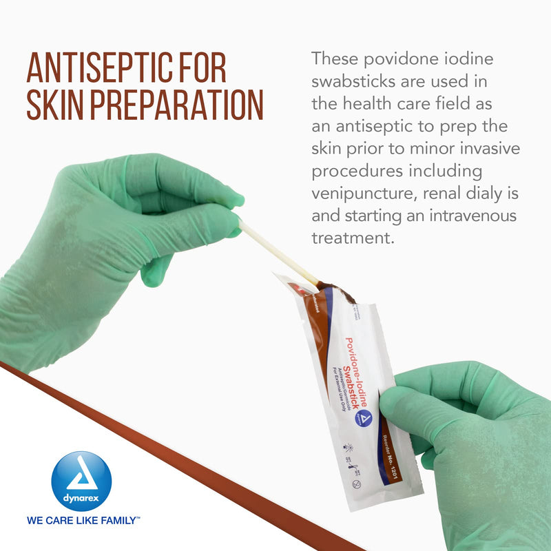 Dynarex Povidone Iodine Swabsticks, Swabstick Packaged in Individual Foil Pack, Antiseptic for Skin Preparation, Brown, 1 Box of 50 Povidone Iodine Swabsticks Unflavored 50 Count (Pack of 1)