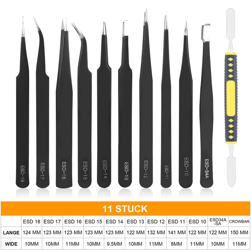Ainiv Precision Tweezers Set, 11PCS Anti-Static ESD Tweezers Set with 1PCS Micro Wire Cutter for Modeling, Electronic Repair, Handicraft, Laboratory, Jewelry Manufacturing, Hobby etc 12pcs