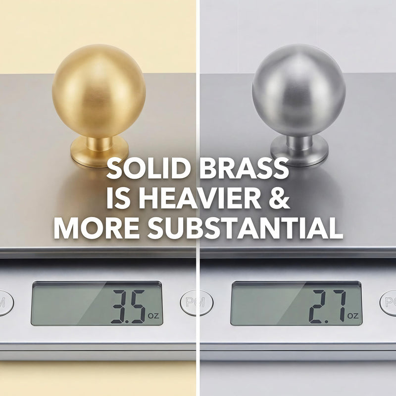 5-Pack Solid Brass Round Ball Cabinet Knobs, 1.1 Inch Brushed Gold Drawer Knobs, Modern Heavy Duty Sphere Dresser Pulls, Luxury Decorative Furniture Hardware for Kitchen Bathroom 5