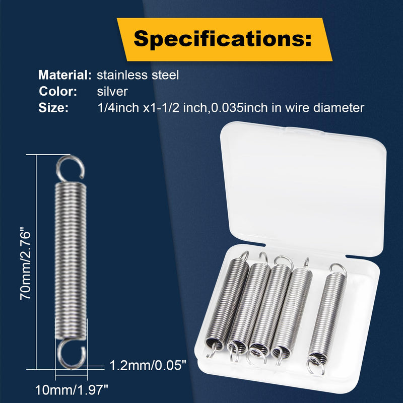 Extension Spring 5PCS 1.2x10x70mm Wire Diameter 0.05",OD 0.39",Free Length 2.76",Stainless Steel Dual Hook Tension Spring for Production Assembly Furniture Mechanism Maintenance