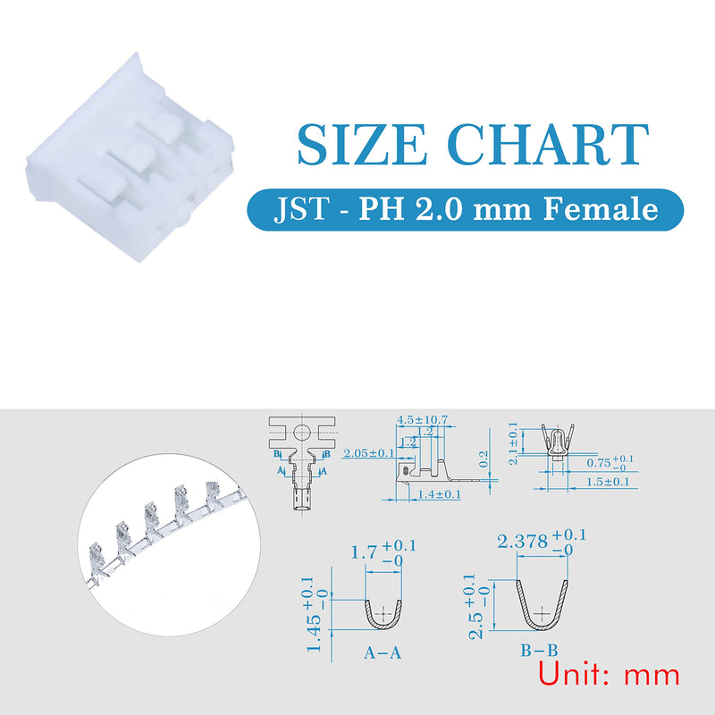 JST PH 2.0 mm Pitch 3-Pin Electronic Computer Connector IC Male Plugs, Female Sockets Housing and T-Shaped Crimp Terminal Kit. 50 Sets/250 Pieces Wire-to-Board Adapter Cable Assembly.