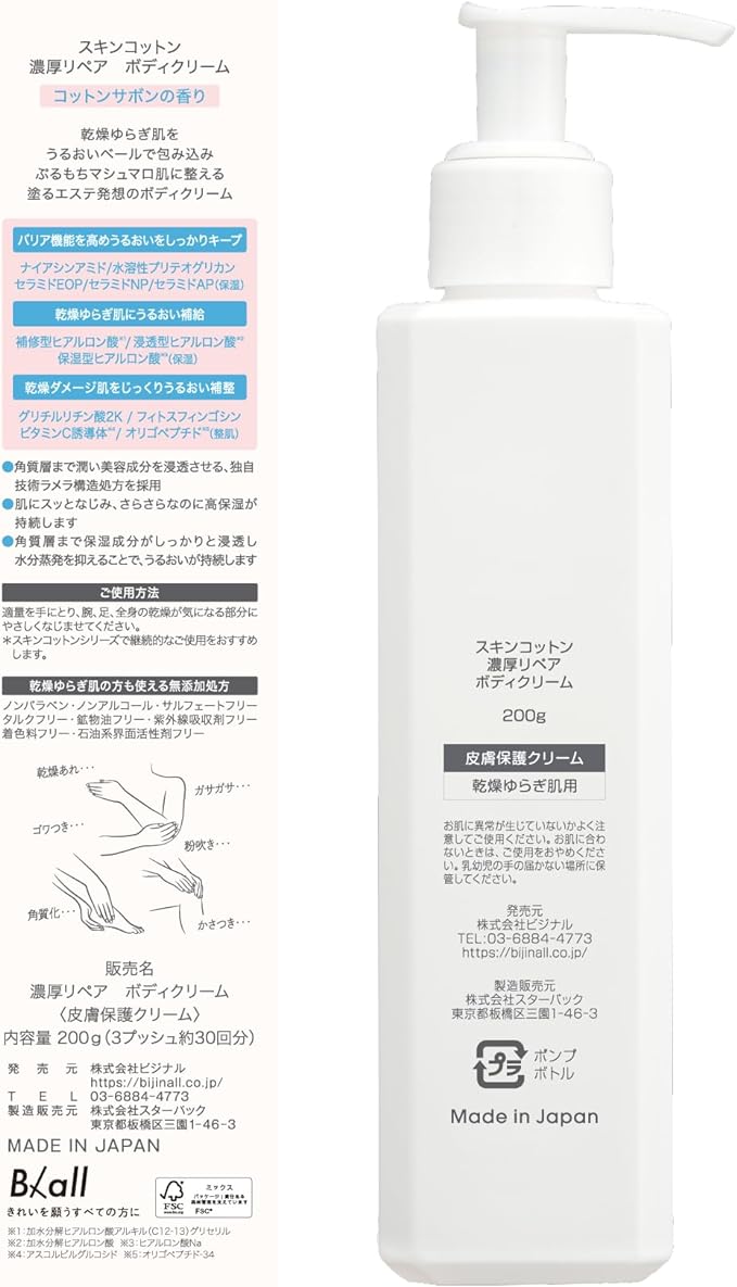 SKIN COTTON Thick Repair, Body Cream, Niacinamide Blend, Ceramide Blend, Heel, Whole Body, Dry Skin, Highly Moisturizing, 7.1 oz (200 g) - NewNest Australia
