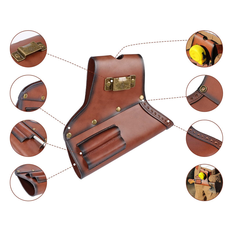 4-in-1 Leather Logging Tools Pouch-Axe Carry Belt Holster-Tape Measure Clip | Full-grain Leather, Organization for Axe, Tape Measure, Flat File Awl Tools,Slanted Design, Quick Access, for Camper Logger