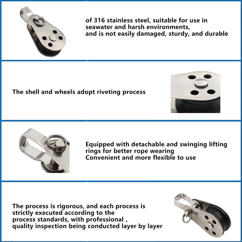 4Pcs Stainless Steel Pulley，Kayak Pulley Nylon Marine Pulley Block Rope Runner Single Pulley Bearing Block Rope Runner for Most 0.08"/2mm to 0.32"/8mm Diameter Ropes