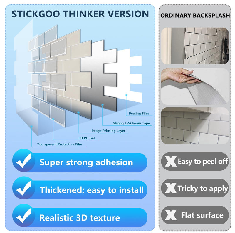 STICKGOO Subway Tile Peel and Stick Backsplash, Thicker Design 12" x 12" Stick on Backsplash Tiles for Kitchen, Bathroom, Wall Tile (10 Sheets, Light Gray Beige) 10