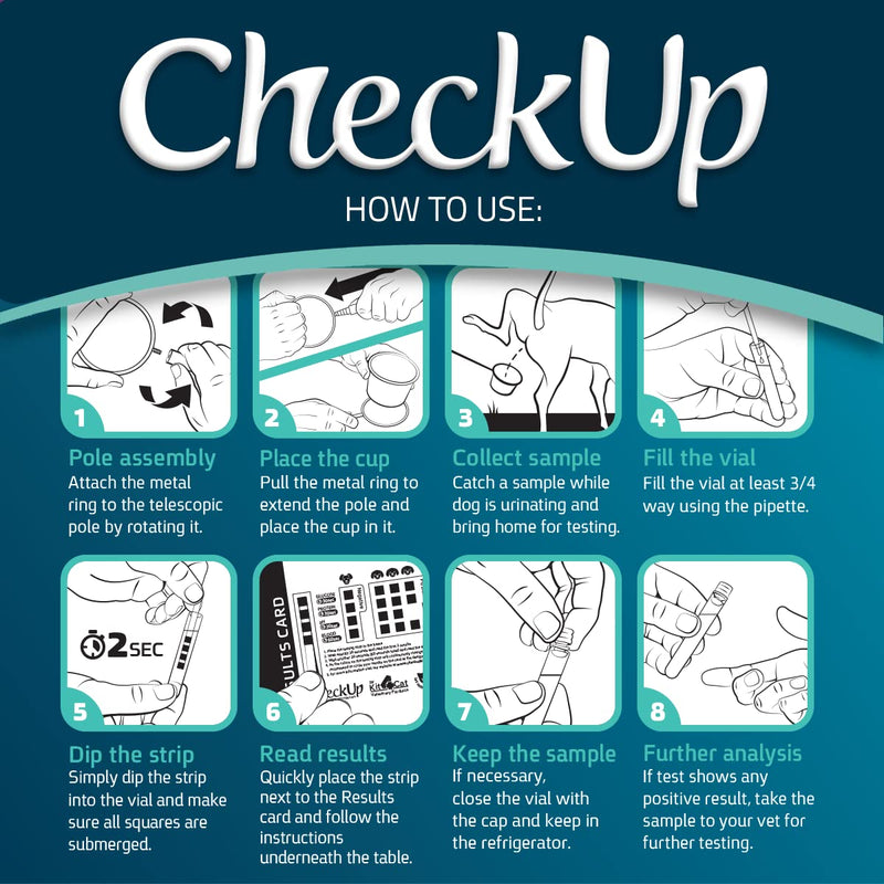CheckUp Kit at Home Wellness Test for Dogs | Telescopic Pole, Detachable Cup & 2 Test Strips | Detects 4 Most Common Pet Health Indicators - Glucose, Protein, pH and Blood in Urine | 2 Strips 4 Parameters Strips - PawsPlanet Australia