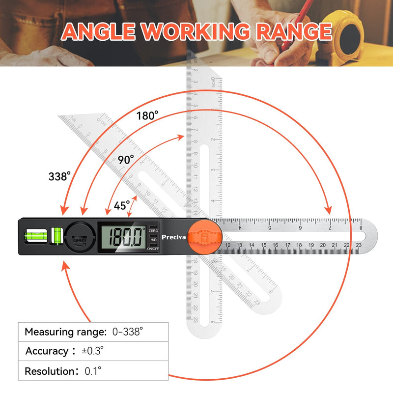 Preciva T-Bevel Gauge & Protractor with Horizontal and Vertical Bubble,0-338° Digital Angle Finder Protractor 230mm/8inch Display for Carpentry Woodworking, Metalworking, Construction Alloy Steel