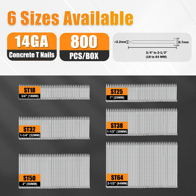 14 Gauge 3/4-Inch (18mm) Concrete Nails 800PCS/Box T Nails for Truss Building, Construction Framing and Concrete Nailing ST18 Nails(800 PCS/BOX)
