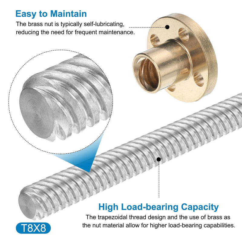 uxcell 2 Pcs 100mm / 4 Inch Tr8x8 Stainless Steel Lead Screw with T8 Brass Nut - [ Acme Thread, 2mm Pitch, 8mm Lead ] for 3D Printer Z Axis, CNC Machine
